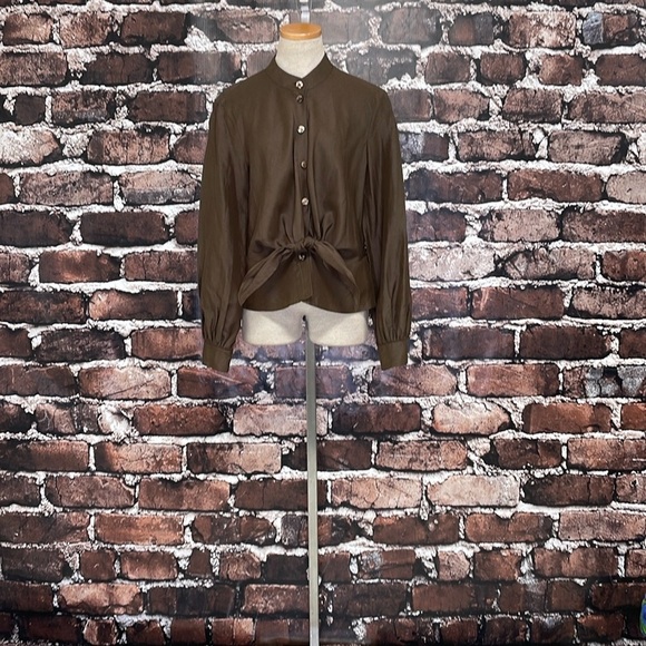 ESCADA Blouse Top Shirt Brown Linen Silk Button Front Tie Peplum Size Small - Picture 13 of 16